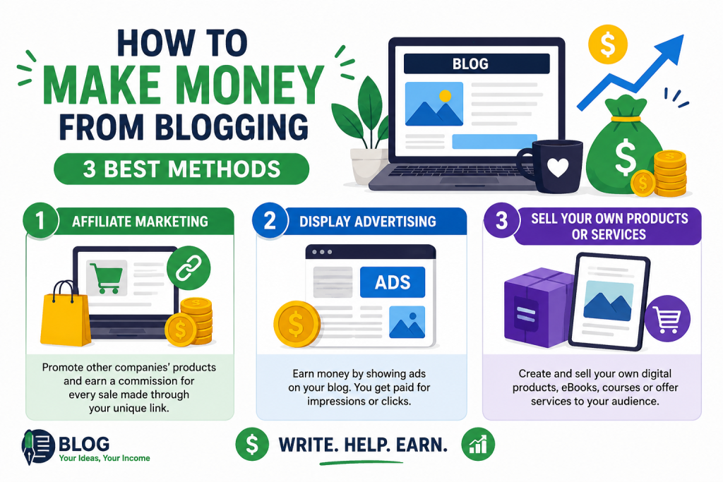 "How to make money from blogging 3 best methods showing laptop, dollar sign and blog writing tools"