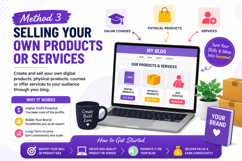 Canva-style infographic showing how to sell your own products or services through blogging with laptop, online courses, digital products, and business icons. How to make money from blogging.
