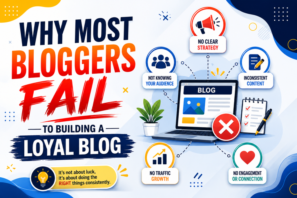 Why most bloggers fail to building a loyal blog audience infographic showing reasons like not knowing your audience, no clear strategy, inconsistent content, no traffic growth, and no engagement