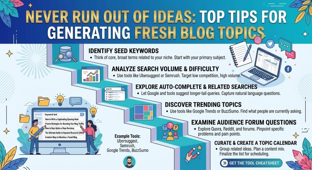 Top tips for generating fresh blog topics including seed keywords, search volume analysis, auto-complete, trending topics, forum questions, and topic calendar