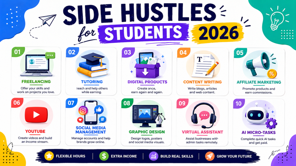 Side hustles for students 2026 - 10 ways to earn money freelancing, tutoring, digital products, content writing, affiliate marketing, YouTube, social media management, graphic design, virtual assistant, AI micro-tasks