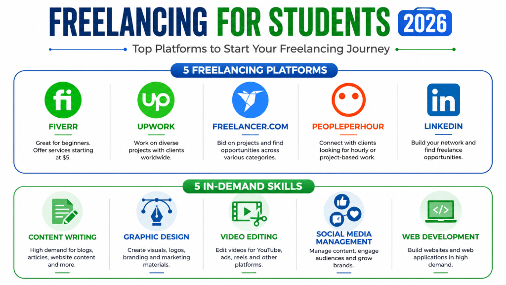 Top 5 freelancing platforms for students 2026 - Fiverr, Upwork, Freelancer.com, PeoplePerHour, LinkedIn and in-demand skills content writing, graphic design, video editing, social media management, web development