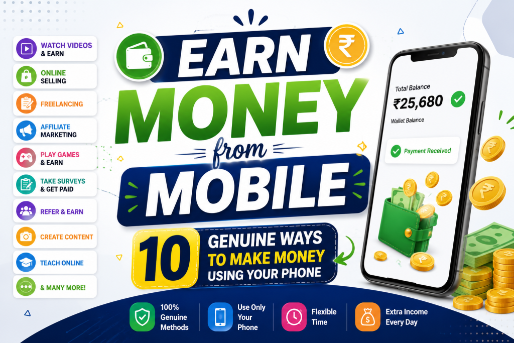 Earn money from mobile – 10 genuine ways to make money using your phone including freelancing, surveys, affiliate marketing, selling, and creating content