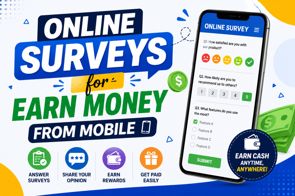 Earn money from mobile by taking online surveys – answer questions share your opinion and earn cash anytime anywhere