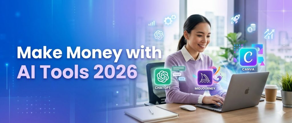 Make money with AI tools 2026 banner for beginners showing ChatGPT Midjourney and Canva AI