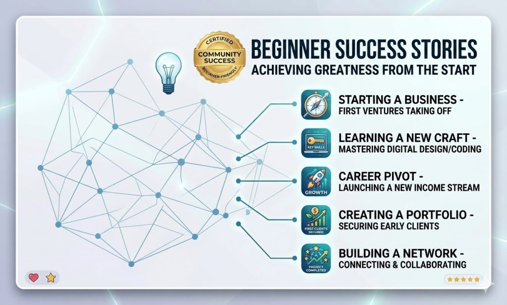First order on Fiverr beginner success stories community achievements including starting business learning new craft career pivot creating portfolio and building network