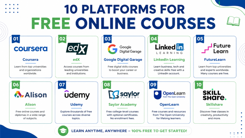 10 platforms for free online courses certificates 2026 - Coursera, edX, Google Digital Garage, LinkedIn Learning, FutureLearn, Alison, Udemy, Saylor Academy, OpenLearn, Skillshare