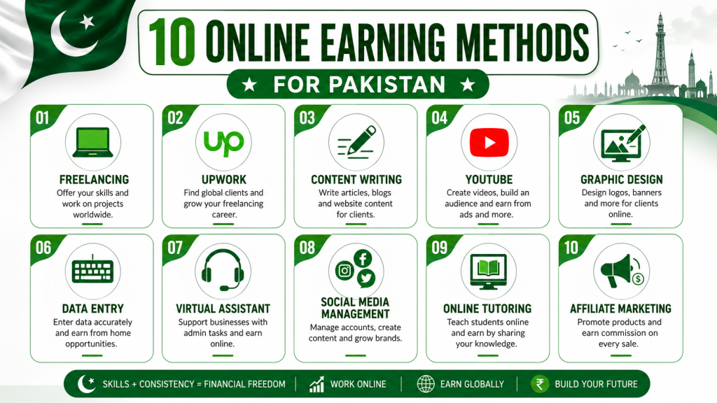 10 online earning methods for Pakistan - freelancing, Upwork, content writing, YouTube, graphic design, data entry, virtual assistant, social media management, online tutoring, affiliate marketing
