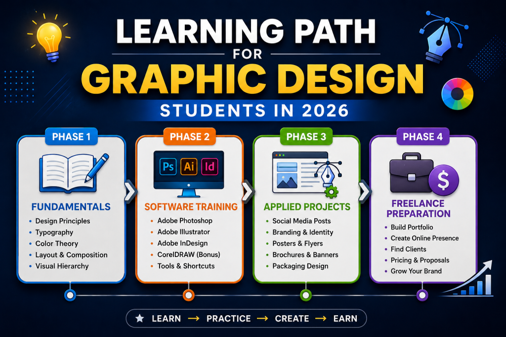 Learning path for graphic design students in 2026 - 4 phases from fundamentals to freelance preparation