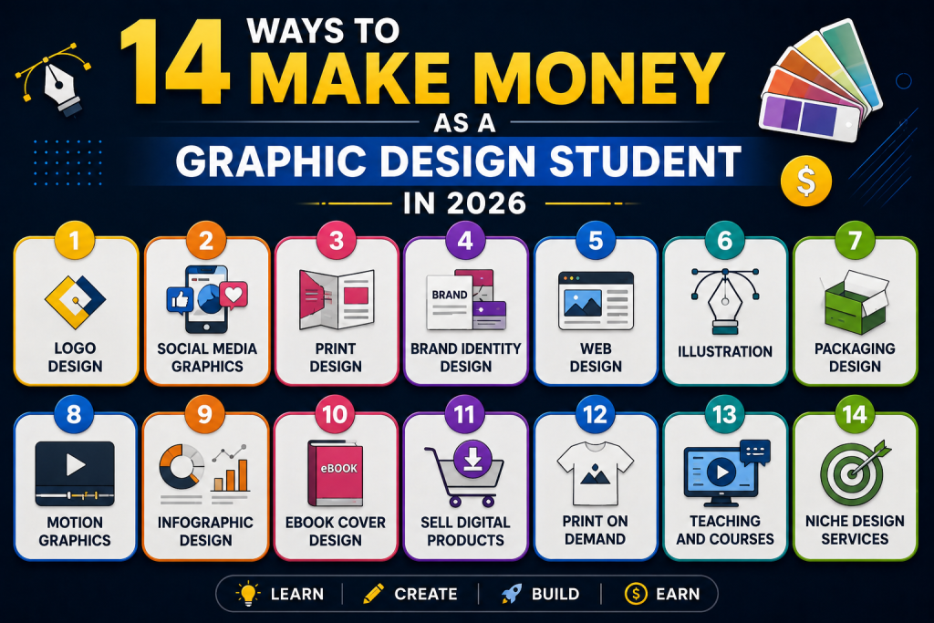 14 ways to make money as a graphic design student in 2026 - logo design, social media graphics, print design, brand identity, web design, illustration, packaging, motion, infographic, ebook cover, digital products, print on demand, teaching, niche services