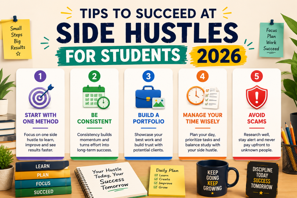 Tips to succeed at side hustles for students 2026 - start with one method, be consistent, build portfolio, manage time wisely, avoid scams