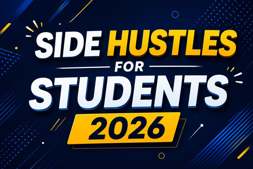 Side hustles for students 2026 - best ways to earn money while studying with laptop and dollar signs