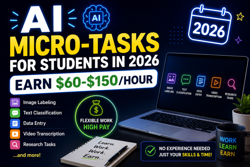 AI micro-tasks for students in 2026 - earn $60-$150 per hour with image labeling, text classification, data entry, video transcription, and search tasks