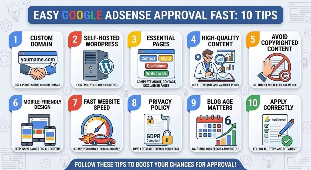 *Easy Google AdSense approval fast 10 tips infographic showing custom domain self-hosted WordPress essential pages quality content and more*