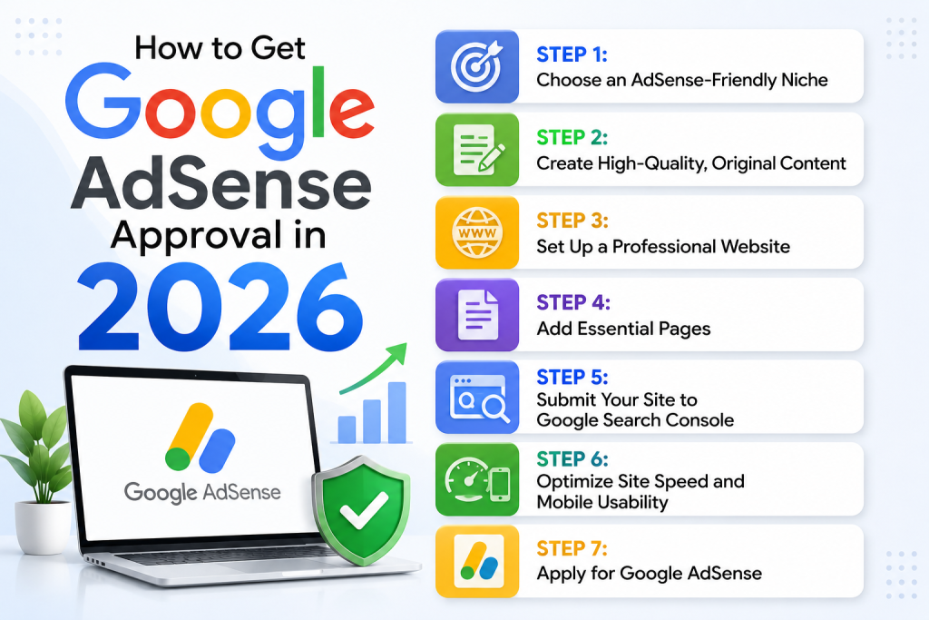 7 steps for Google AdSense approval in 2026 - choose niche, create content, set up website, add pages, submit to Search Console, optimize speed, apply for AdSense