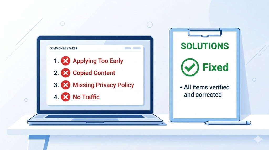 Common mistakes to avoid for Google AdSense approval 2026 - applying too early, copied content, missing privacy policy, and no traffic with solutions