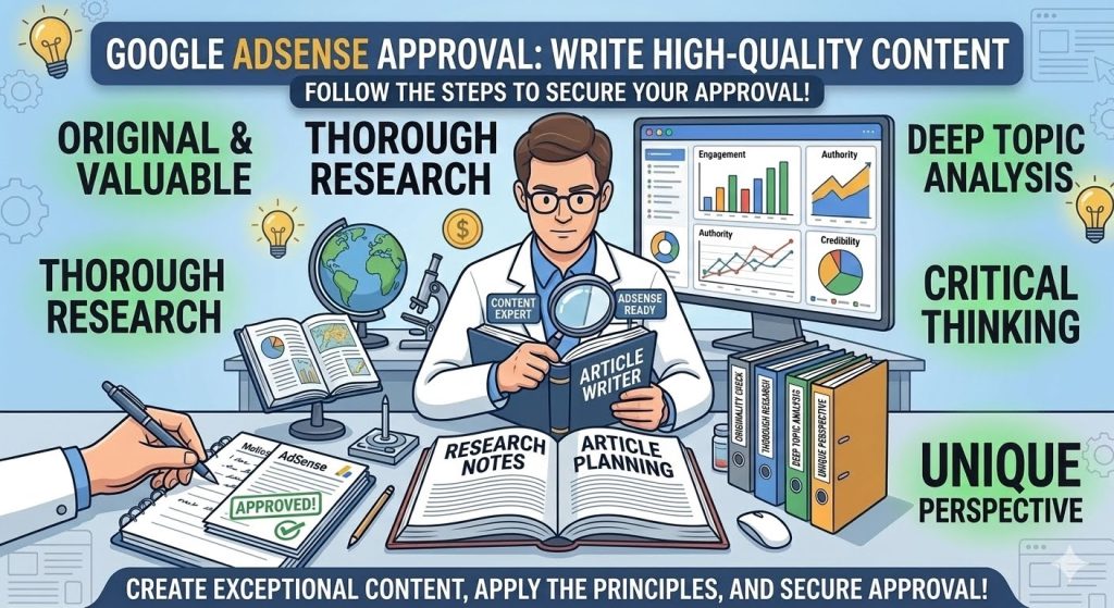 Google AdSense approval write high quality content tips including original valuable thorough research critical thinking and unique perspective
