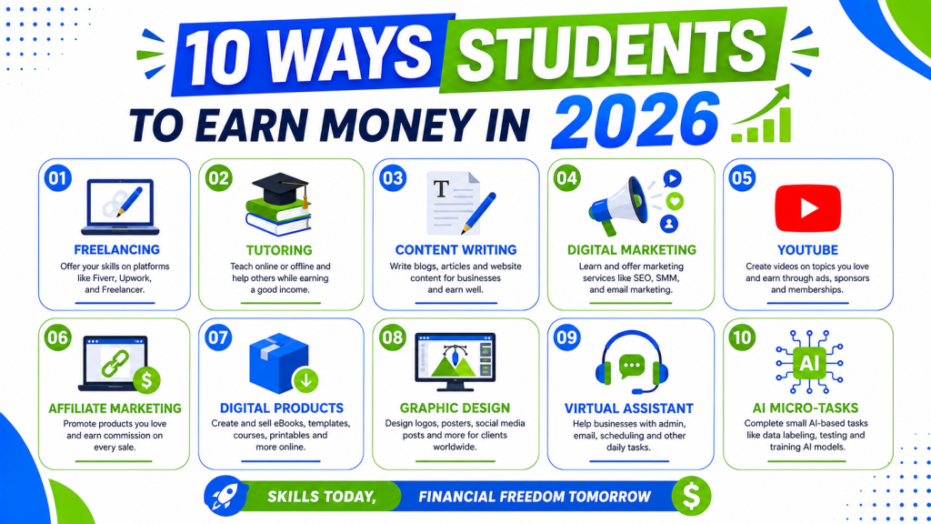 10 ways for students to earn money in 2026 - freelancing, tutoring, content writing, digital marketing, YouTube, affiliate marketing, digital products, graphic design, virtual assistant, AI micro-tasks