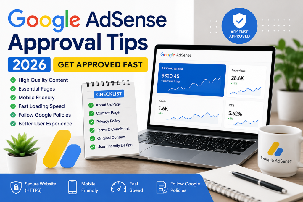 Google AdSense Approval Tips infographic for website approval in 2026
