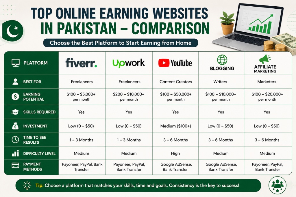 Best Online Earning Websites Pakistan Comparison Chart 2026