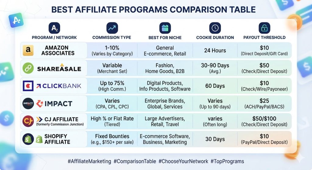Comparison table of best affiliate programs - Amazon Associates with 1-10% commission and 24-hour cookie, ShareASale with variable commission and 30-90 day cookie, ClickBank with up to 75% commission and 60-day cookie, Impact with CPA/CPL/CPC and up to 90-day cookie, CJ Affiliate with tiered commission, Shopify Affiliate with $150+ per sale bounty - complete affiliate marketing guide
