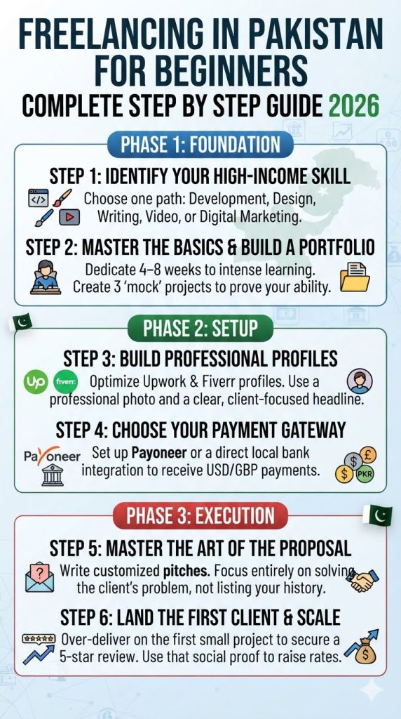 Detailed infographic guide for freelancing in Pakistan for beginners in 2026, showing 6 steps across 3 phases: Foundation, Setup, and Execution.